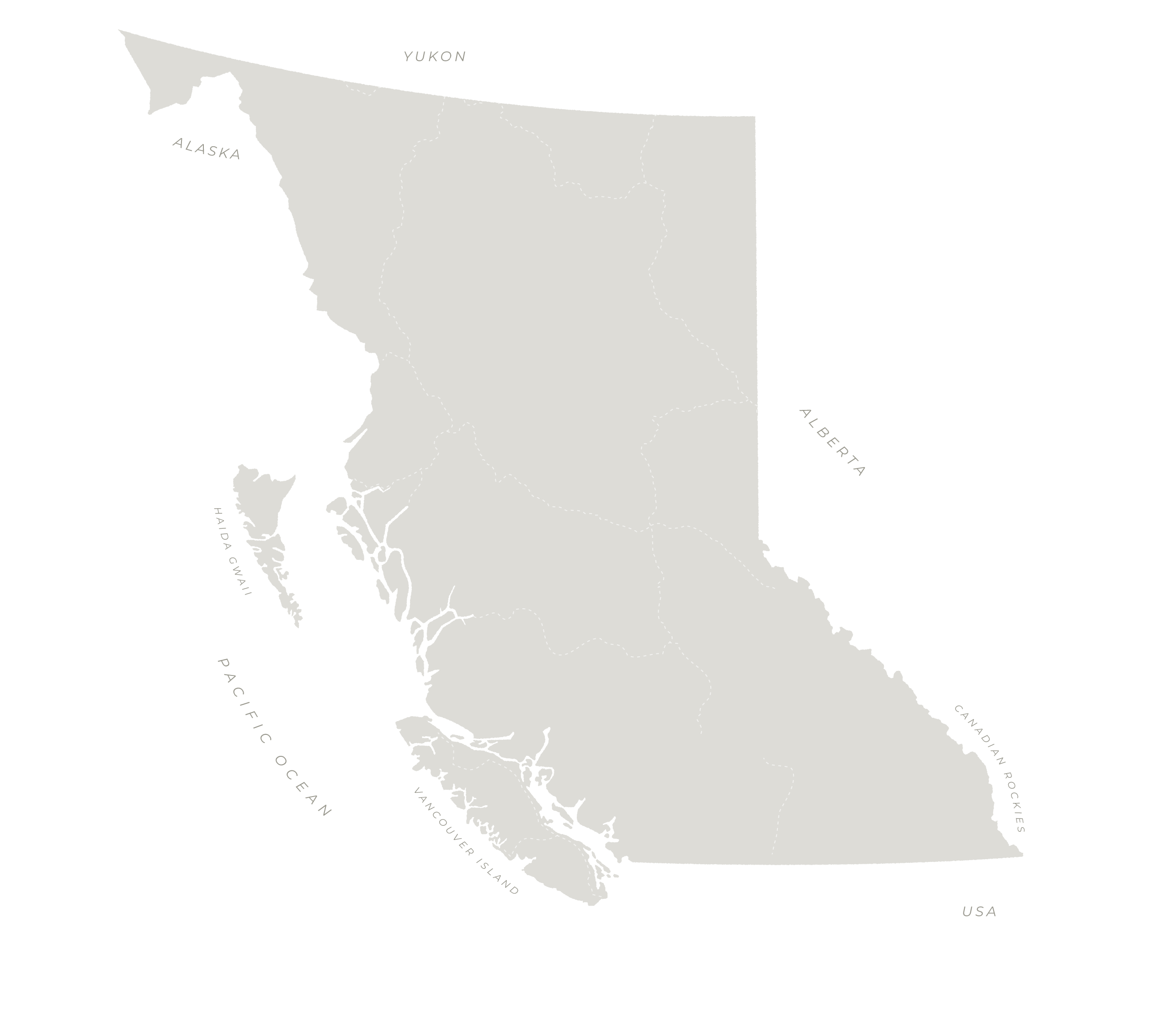 A map of British Columbia highlighting Rainforest to Rockies