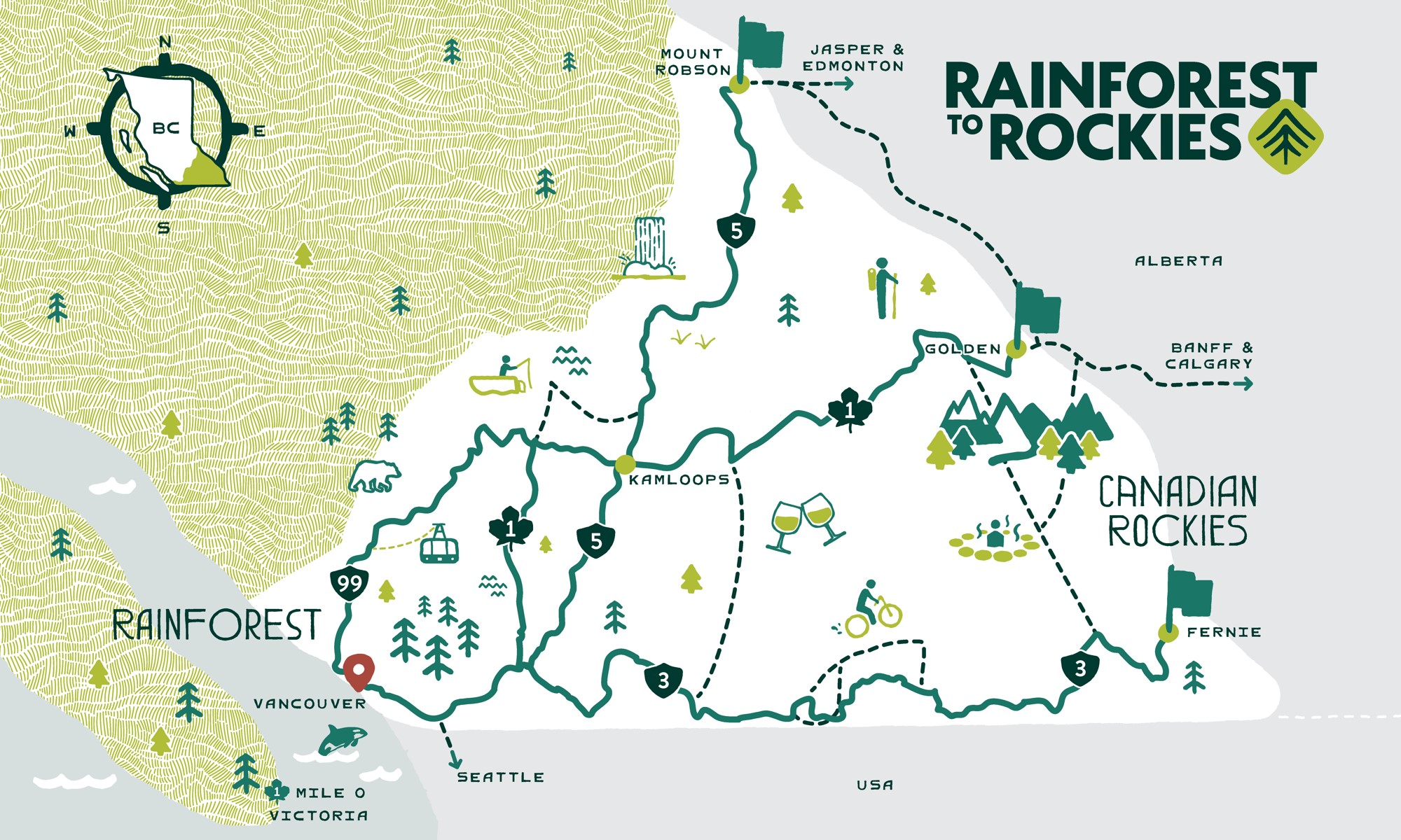 Rockies to Rainforest map highlighting things to do