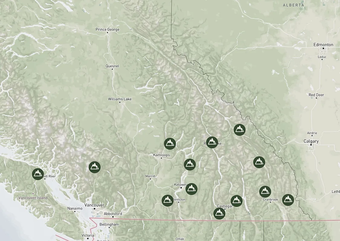 Captura de pantalla del mapa de esquí de BC