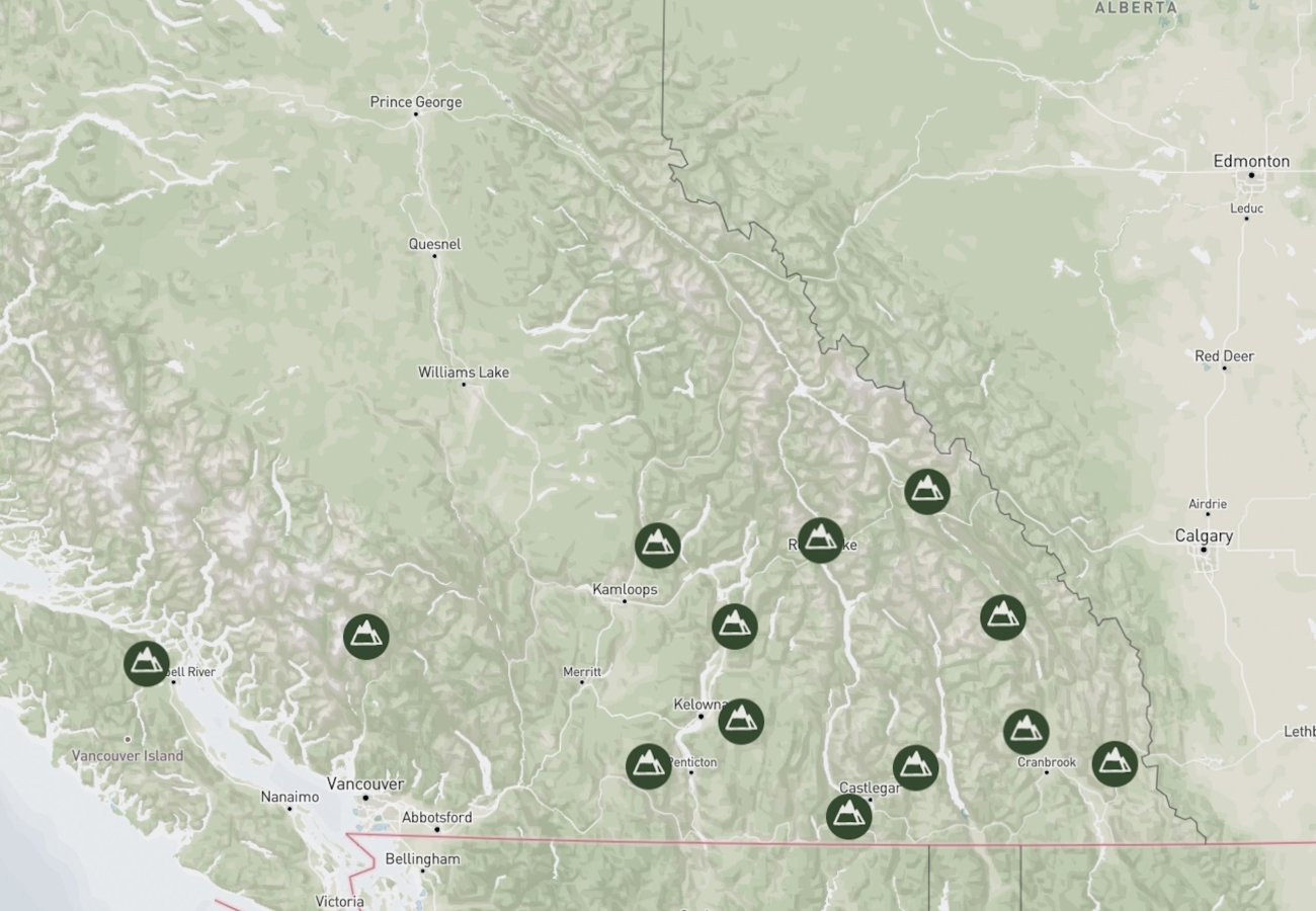 Captura de pantalla del mapa de esquí de BC