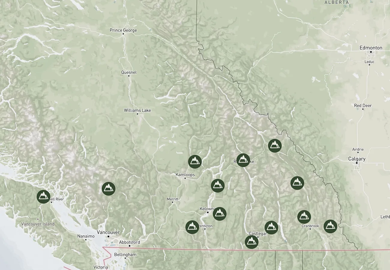 Captura de pantalla del mapa de esquí de BC