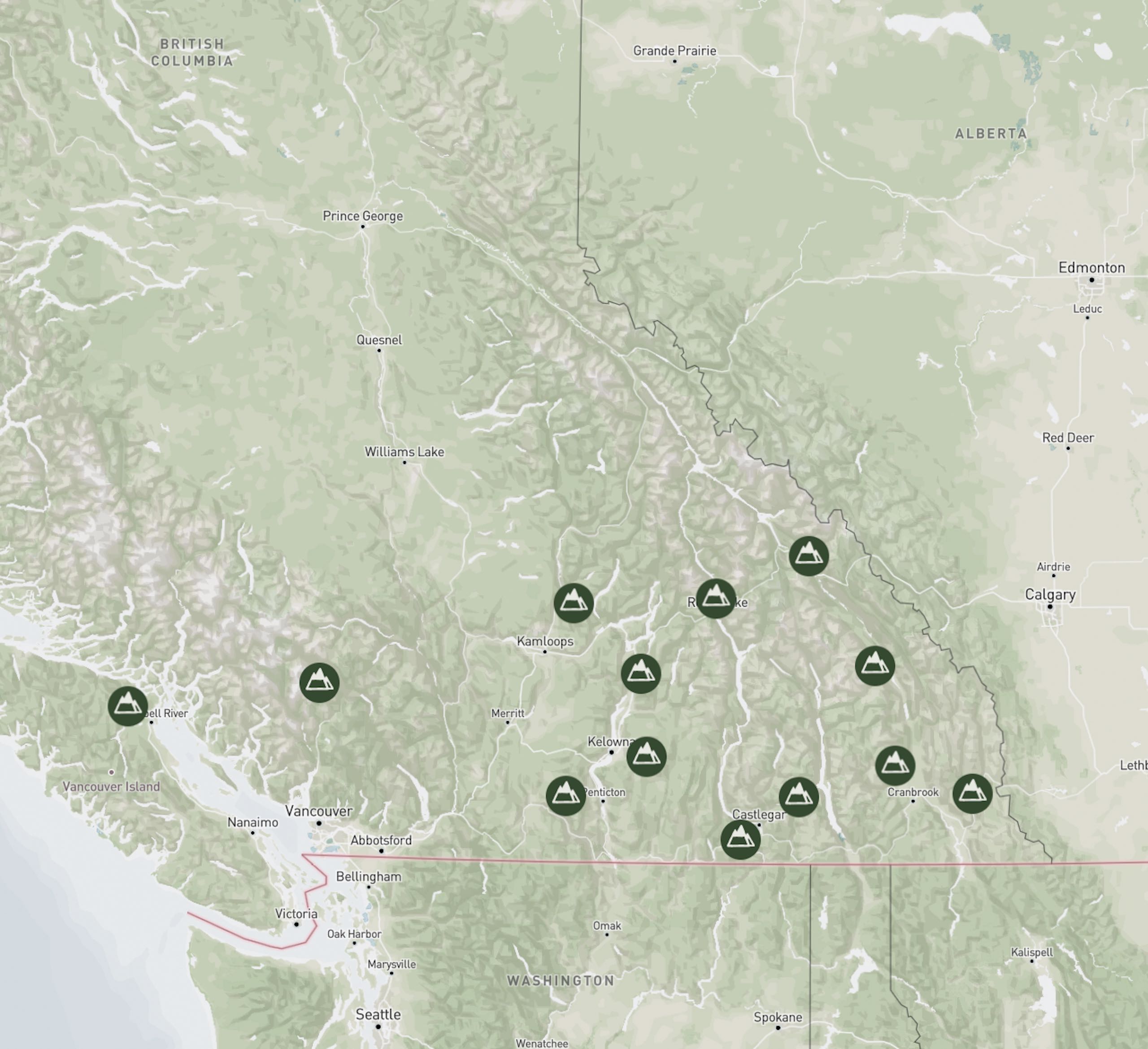 screenshot of BC Ski map