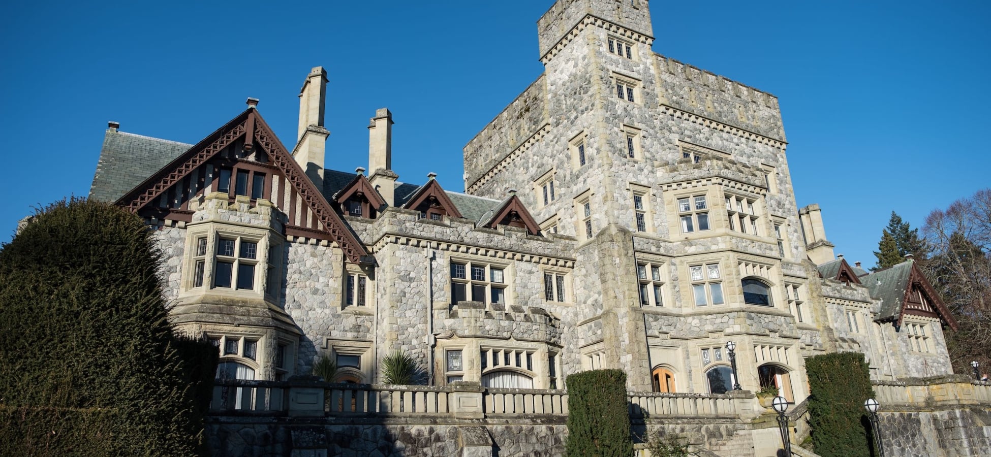 Sunny view of Hatley Castle in late winter/early spring.