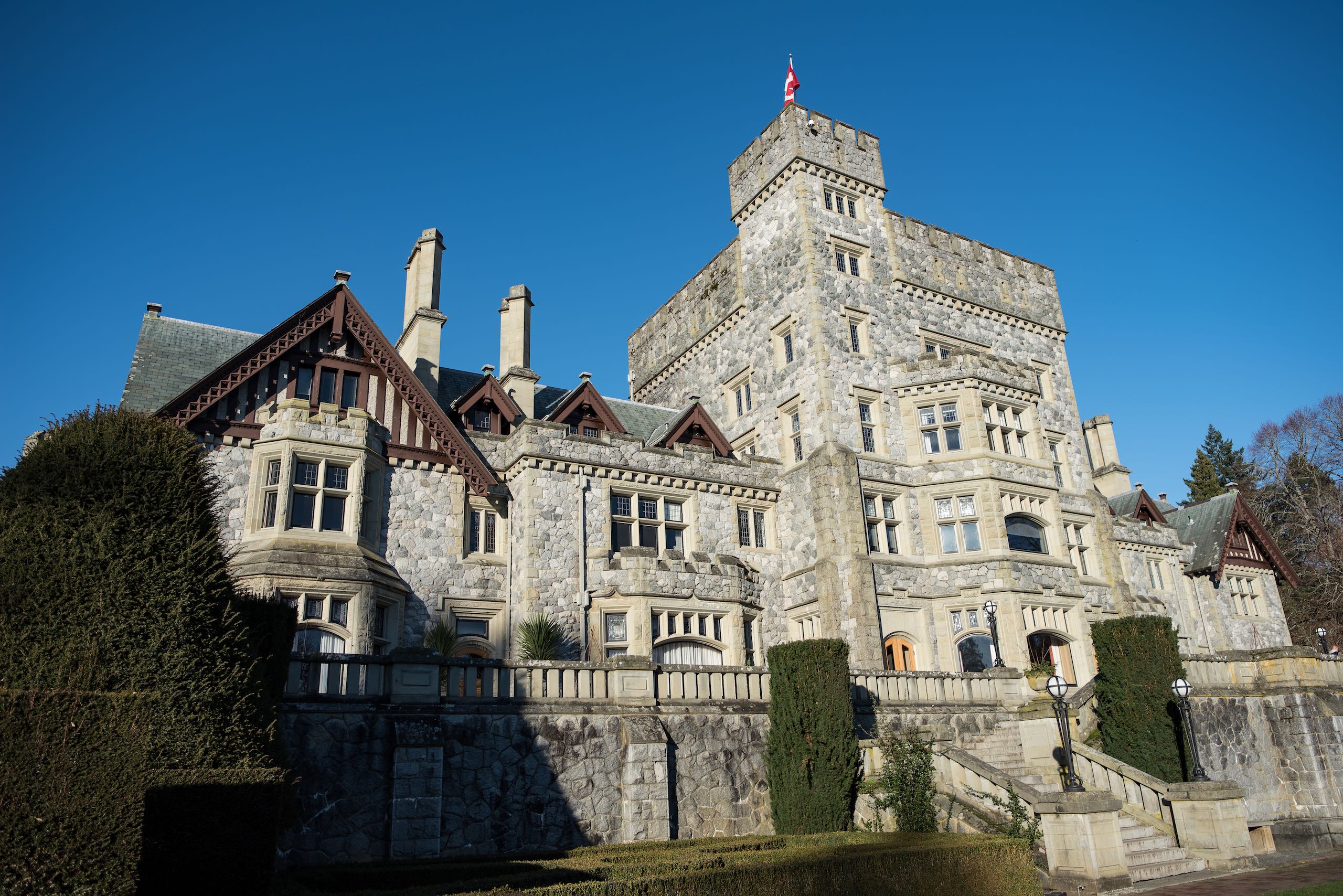 Sunny view of Hatley Castle in late winter/early spring.