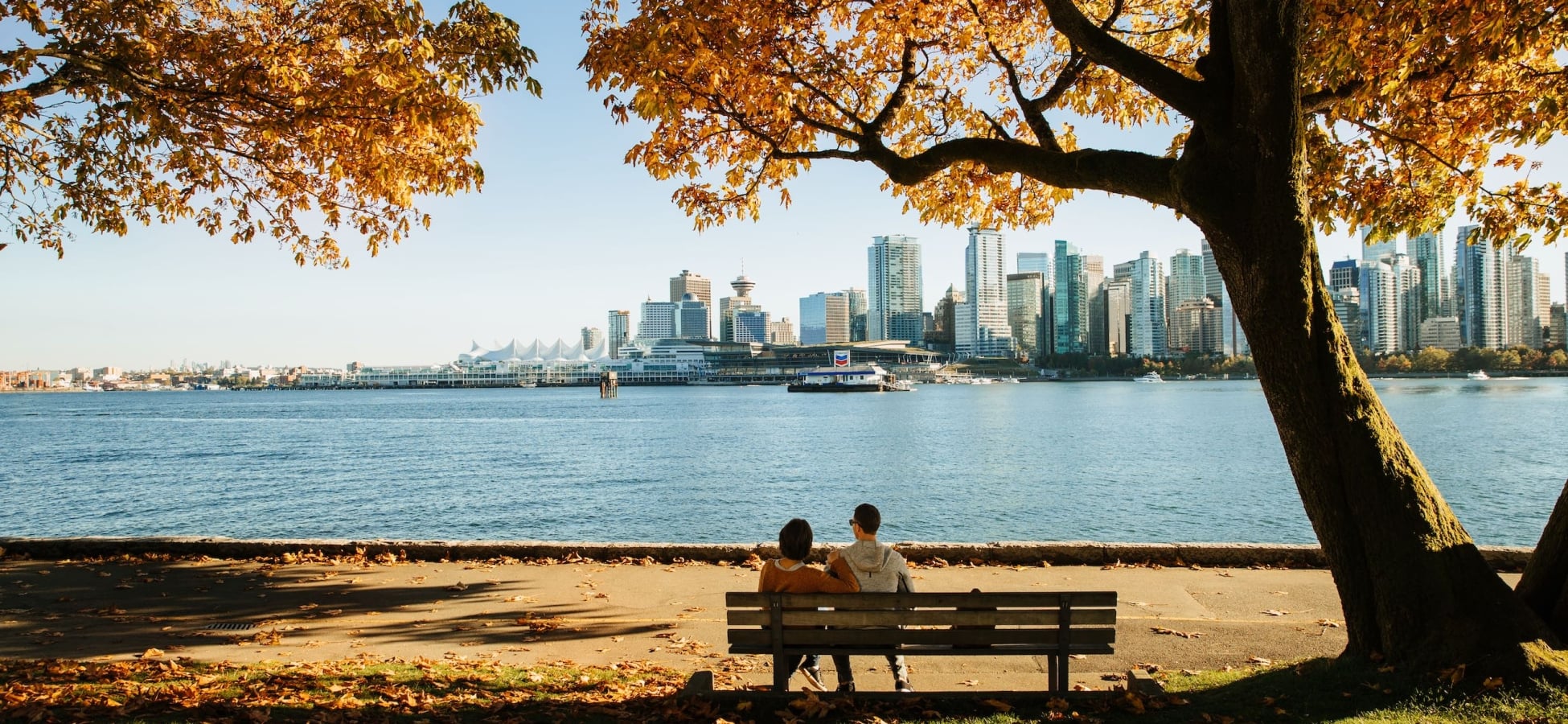 Couple sitting on bench on seawall in Stanley Park looking at downtown skyline in autumn