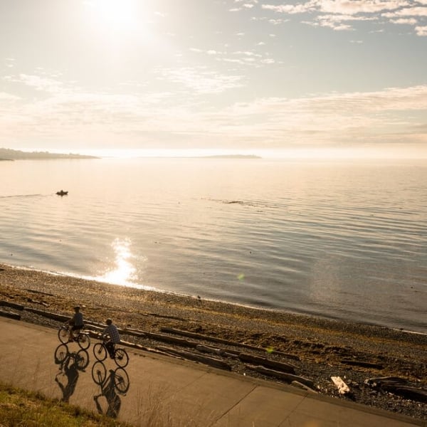 Two bicycles move along a crescent-shaped paved path beside the ocean at sunset.