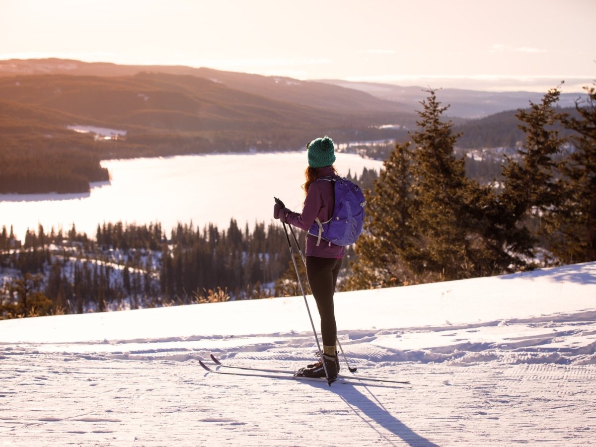 Person Nordic skiing at Stake Lake near Kamloops, looking out over the lake | Tamra Jaeger