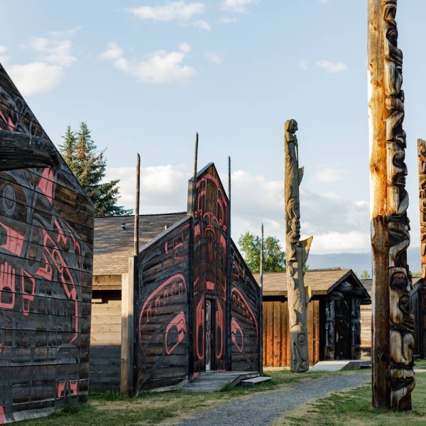 Totem poles and longhouses in 'Ksan Village.