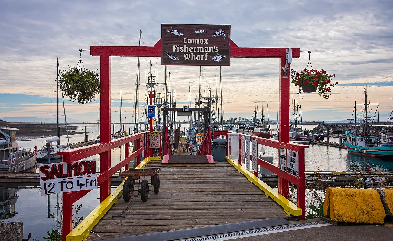 Brightly-coloured red and yellow archway and railing leading out to a dock lined with fishing vessels. A sign reads, 