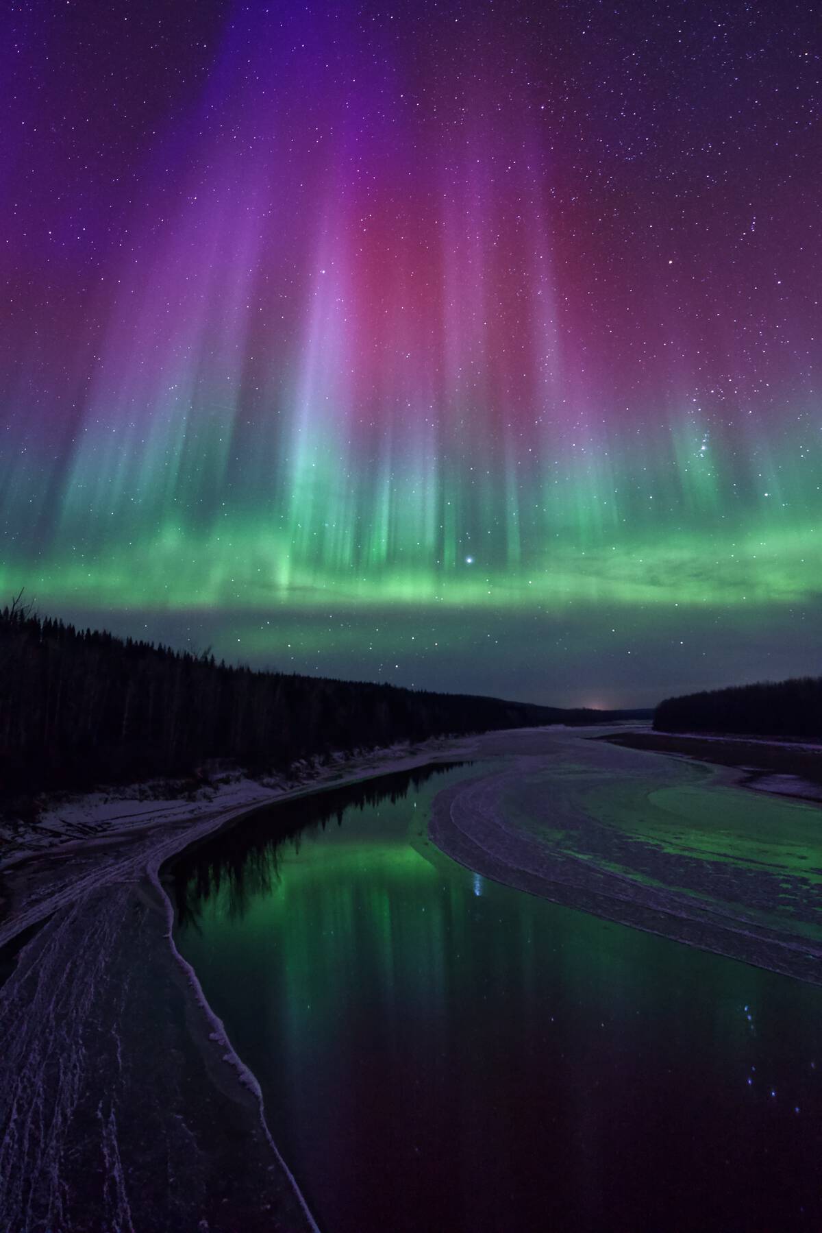 A dark, starry sky is lit up in the vibrant greens and purples of the Northern Lights