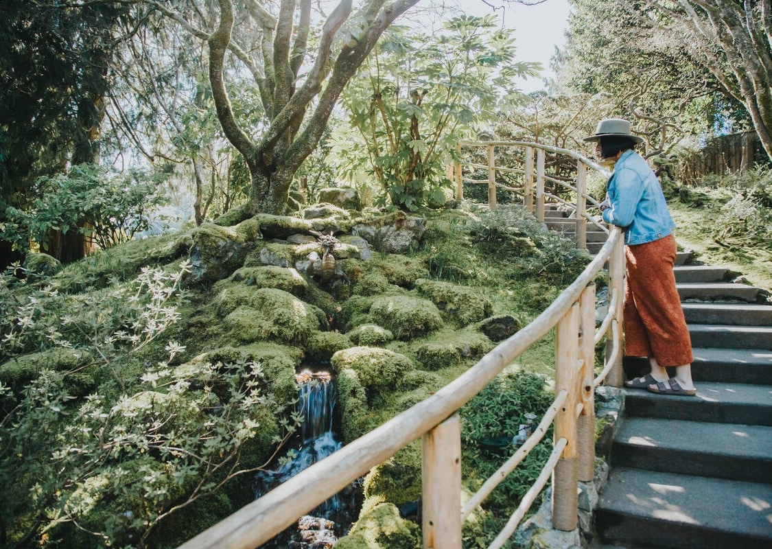 Frau in blauem Hemd, rostfarbener Hose und Hut steht am Geländer einer Treppe mit Blick auf Bäume, Sträucher und Blumen