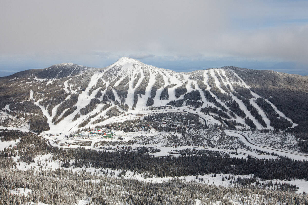 An aerial view of a ski resort with defined runs against the forested mountain