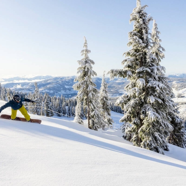 Snowboarder at Mount Washington Alpine Resort on a powder day.