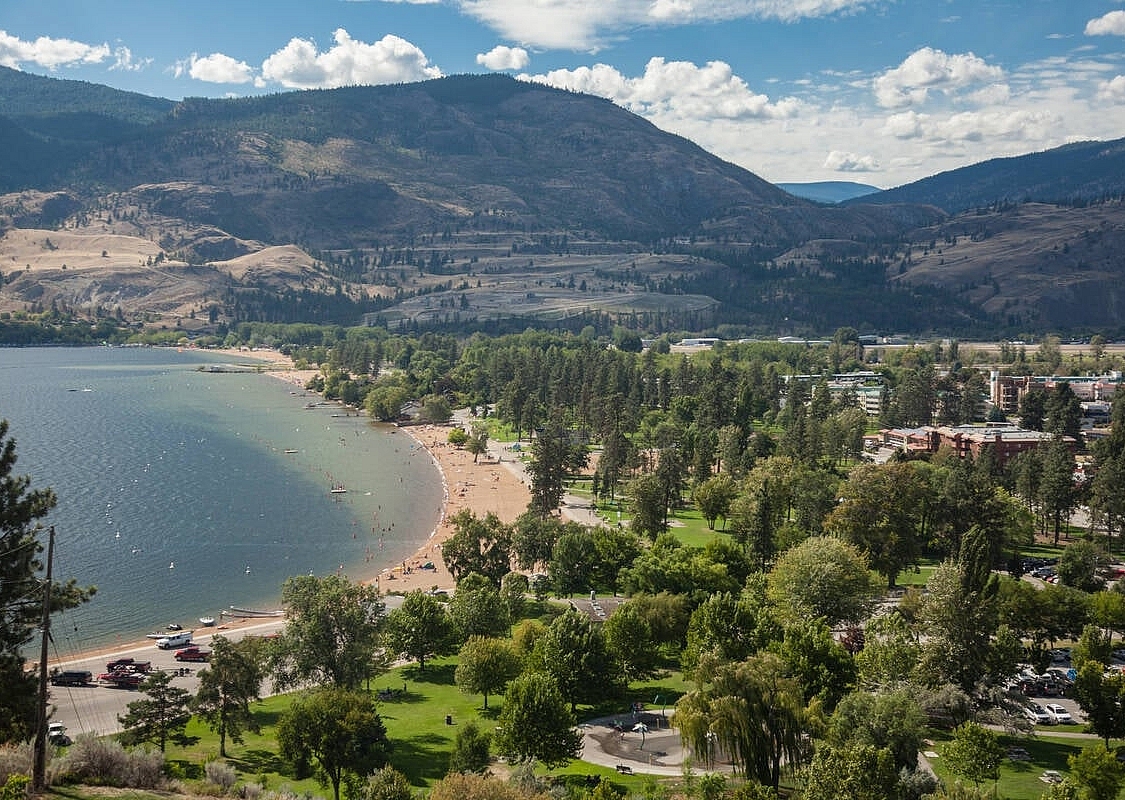 Aerial view of the Skaha Lake sandy shoreline surrounded by trees and grass and backed by forested mountains