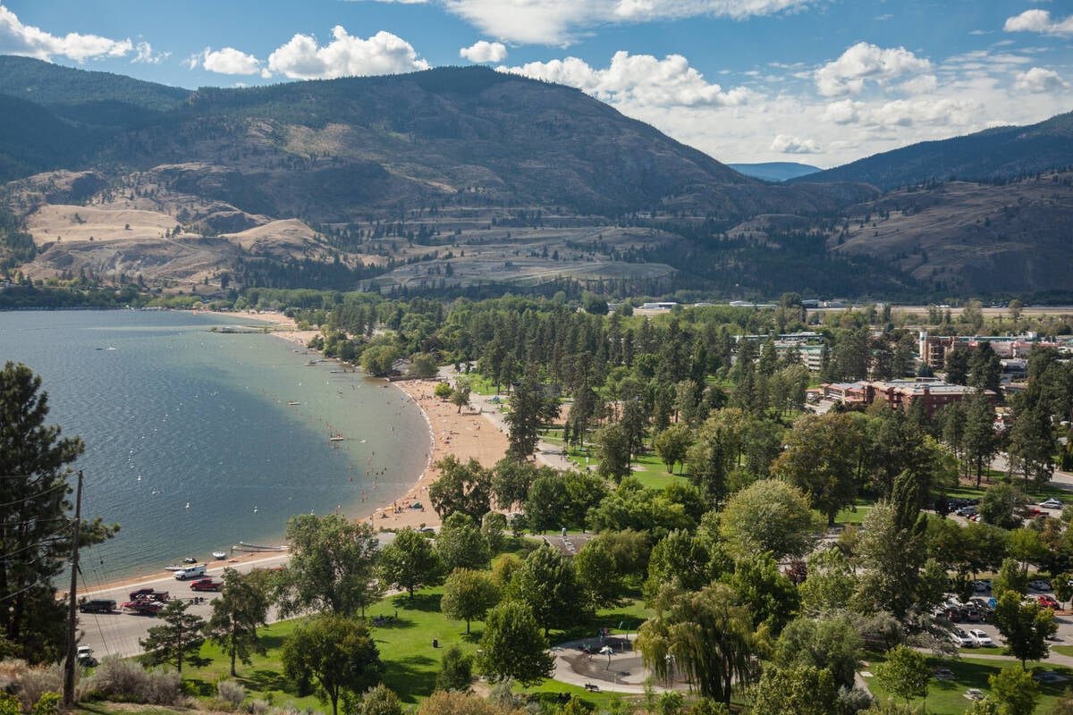 Aerial view of the Skaha Lake sandy shoreline surrounded by trees and grass and backed by forested mountains