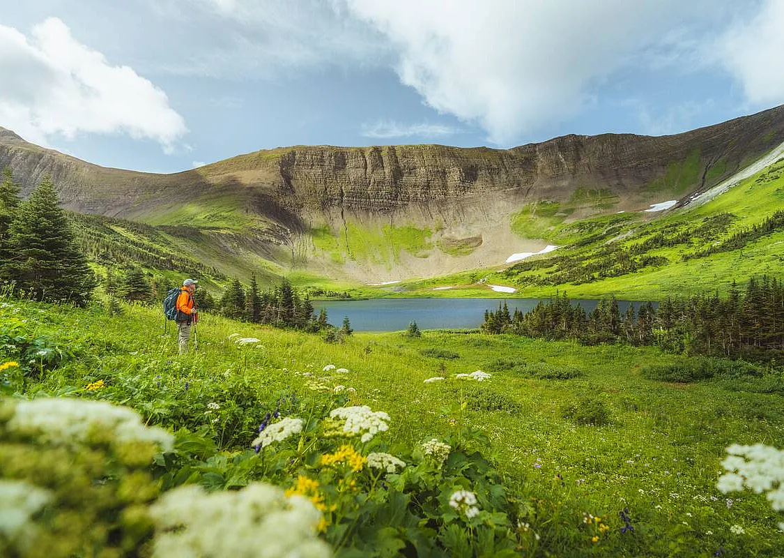 A hiker wearing an orange jacket stands in a lush, green alpine meadow with a small lake and mountains in the backdrop.