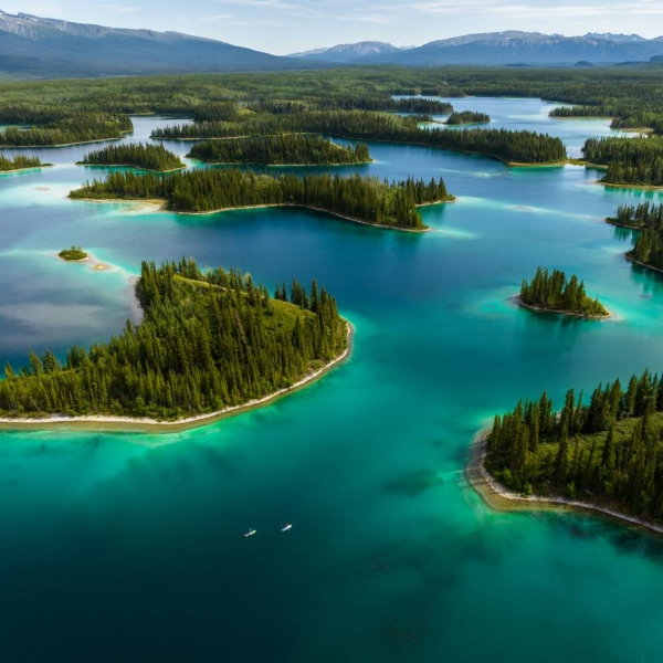An aerial view of people paddling vibrant turquoise lake waters dotted by small islands.