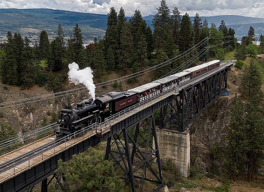 A steam train crosses a raised trestle bridge. Forests are visible in the foreground and background.