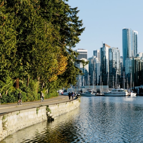 The Stanley Park Seawall winds along the left of the frame with the park behind, and on the right is Burrard Inlet, moored boats, and the highrises of downtown Vancouver.
