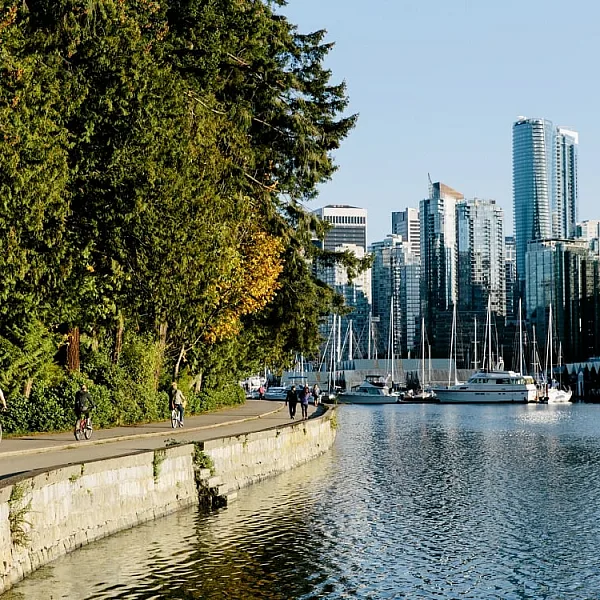 The Stanley Park Seawall winds along the left of the frame with the park behind, and on the right is Burrard Inlet, moored boats, and the highrises of downtown Vancouver.