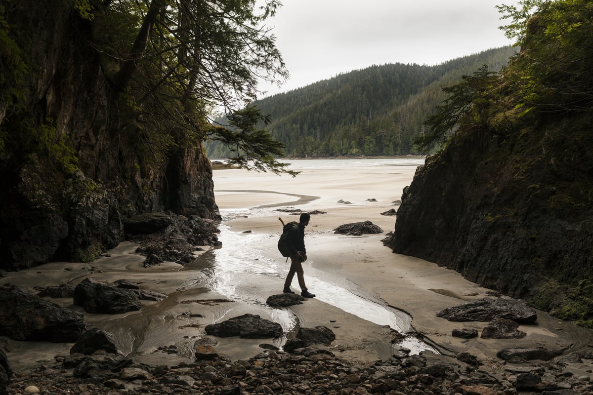 A person walks along a beach between two rocky outcrops.