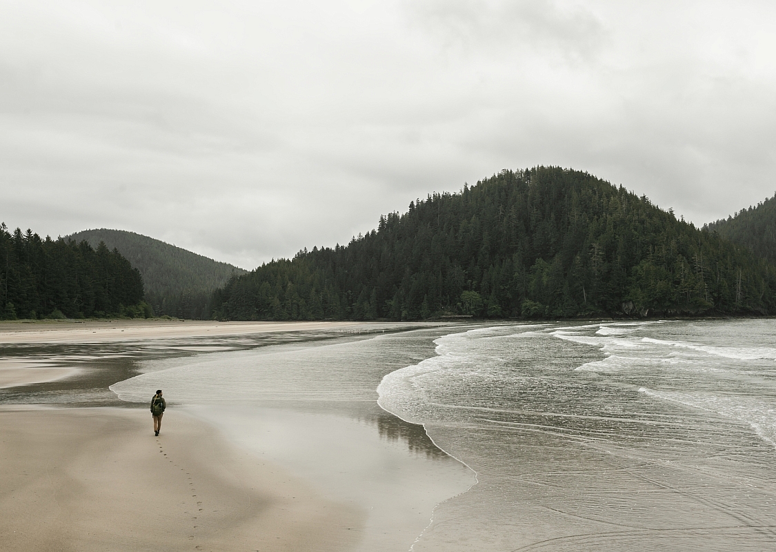 Una persona camina por la playa en la Bahía de San Josef, en el Parque Provincial Cape Scott.