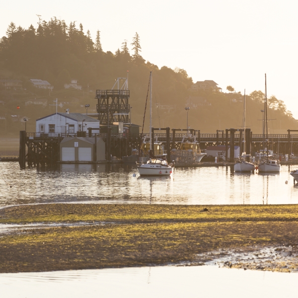 Sunrise over a marina from Goose Spit in Comox
