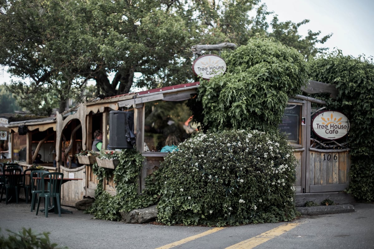 Tree House Café in Salt Spring Island. A wooden cafe that is covered in greenery.