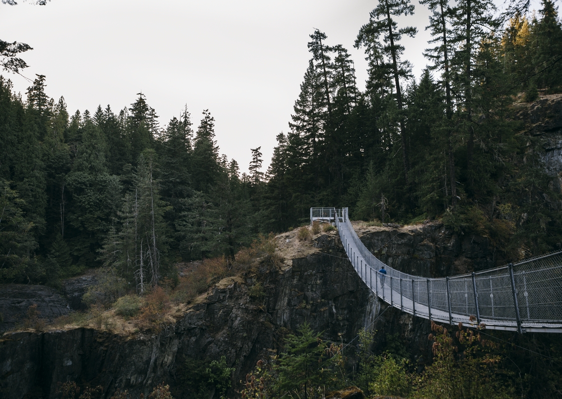 A person walks across a metal suspension bridge high above the forest floor at Elk Falls Provincial Park in Campbell River. The sun is setting. A rocky outcrop with trees is on the other side.