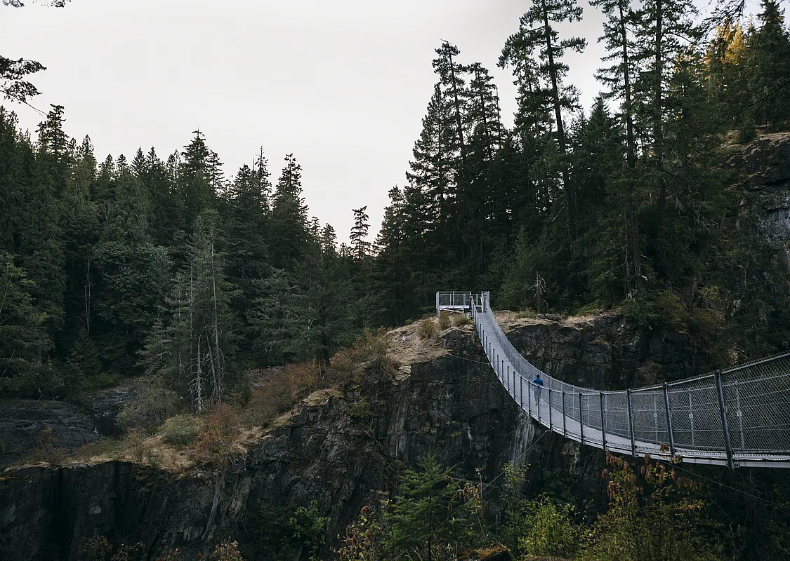 A person walks across a metal suspension bridge high above the forest floor at Elk Falls Provincial Park in Campbell River. The sun is setting. A rocky outcrop with trees is on the other side.