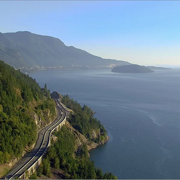 Aerial photo of Sea to Sky Highway and views over Howe Sound
