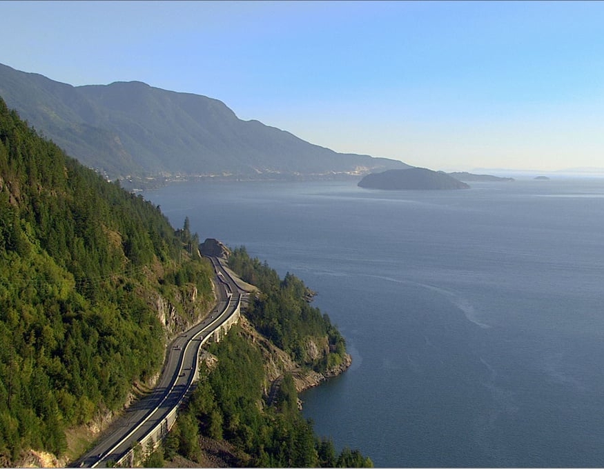 Aerial photo of Sea to Sky Highway and views over Howe Sound