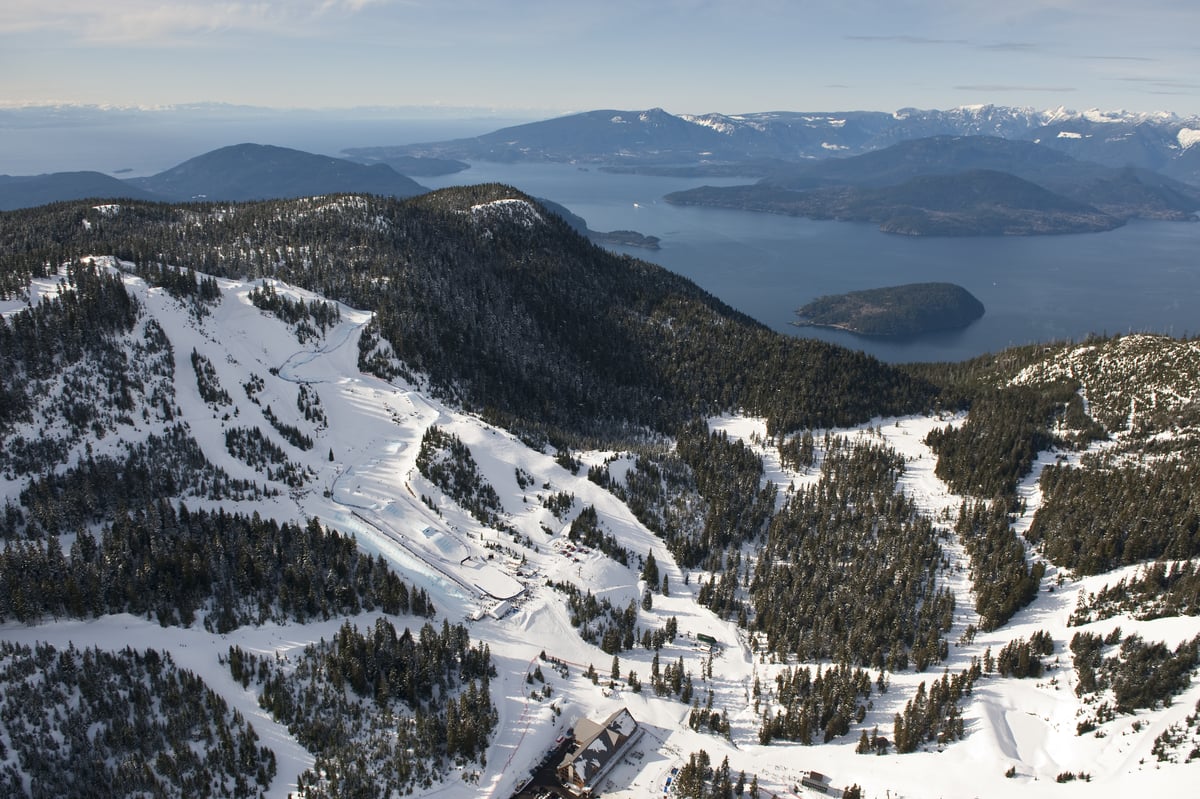 Aerial view of Cypress Mountain with view of Howe Sound in the background | Destination British Columbia