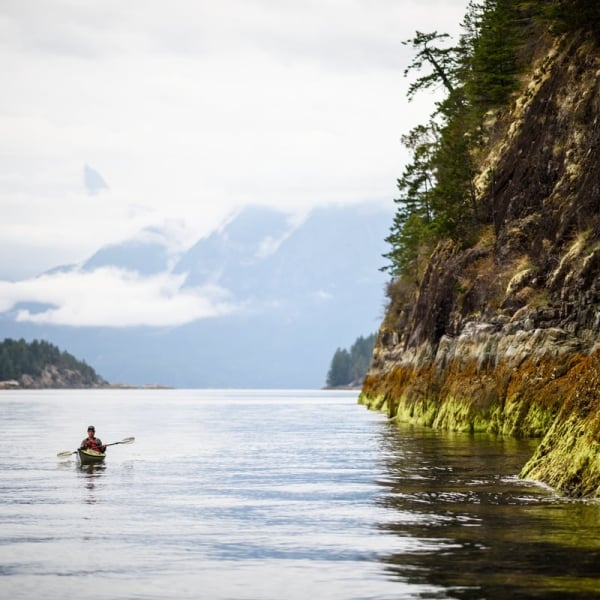 A kayaker paddles along the coastline of Desolation Sound at low tide.