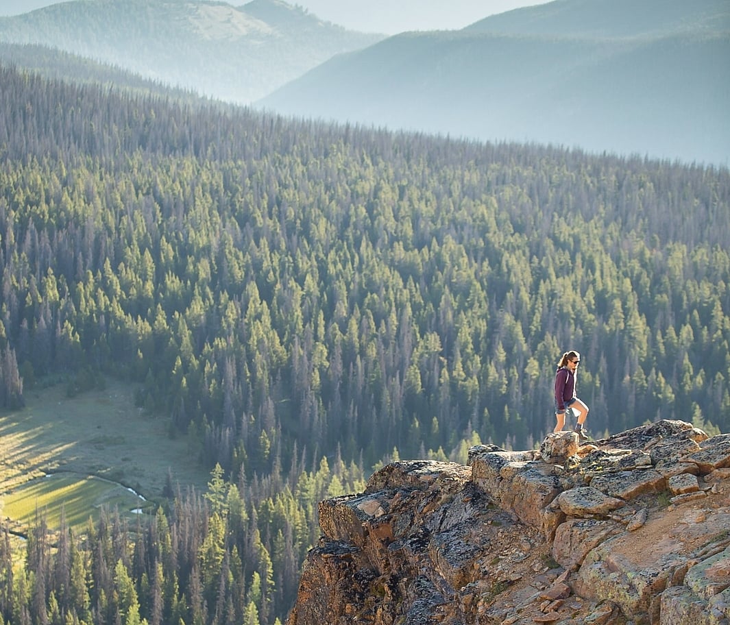 A person stands on a rock ledge looking out at the views below in Cathedral Provincial Park.