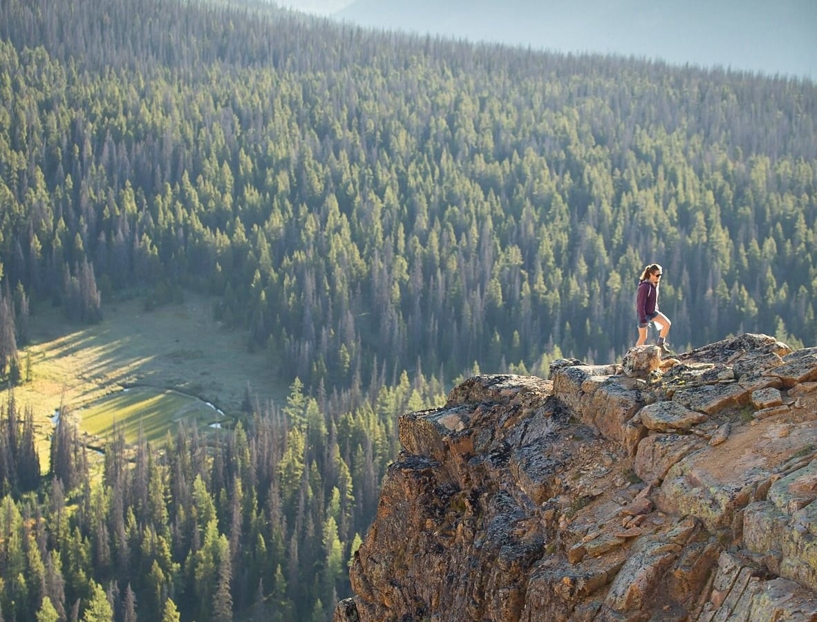 A person stands on a rock ledge looking out at the views below in Cathedral Provincial Park