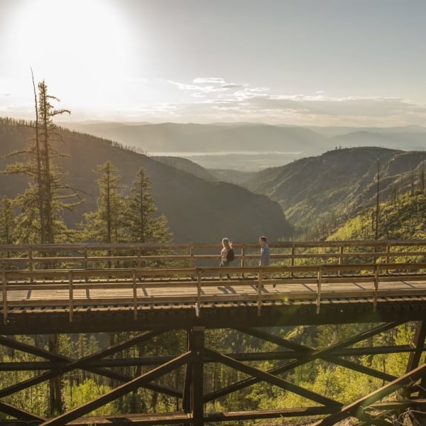 Una persona mira desde un puente de caballetes en el Cañón Myra hacia la cordillera. El sol está alto en el cielo y brilla sobre las verdes montañas de abajo.