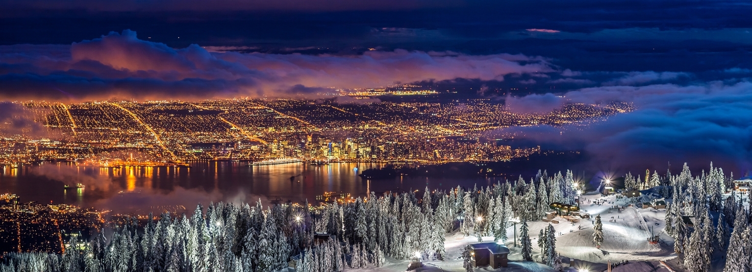 Nighttime views of Vancouver in the winter seen from Grouse Mountain