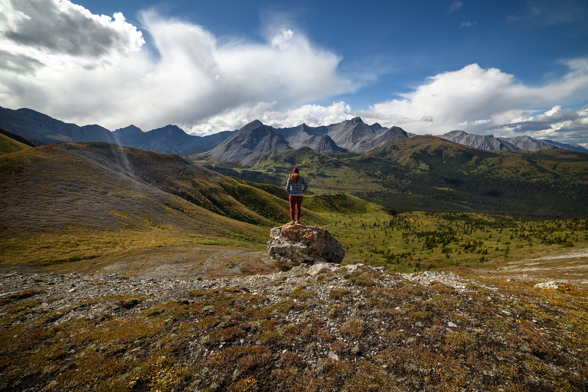 A person stands on a rock looking out over Nonda Creek and a vast expanse of mountains and valleys.