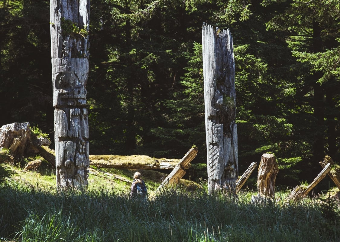 Totems at SGang Gwaay Llanagaay, Gwaii Haanas National Park Reserve and Haida Heritage Site, Haida Gwaii