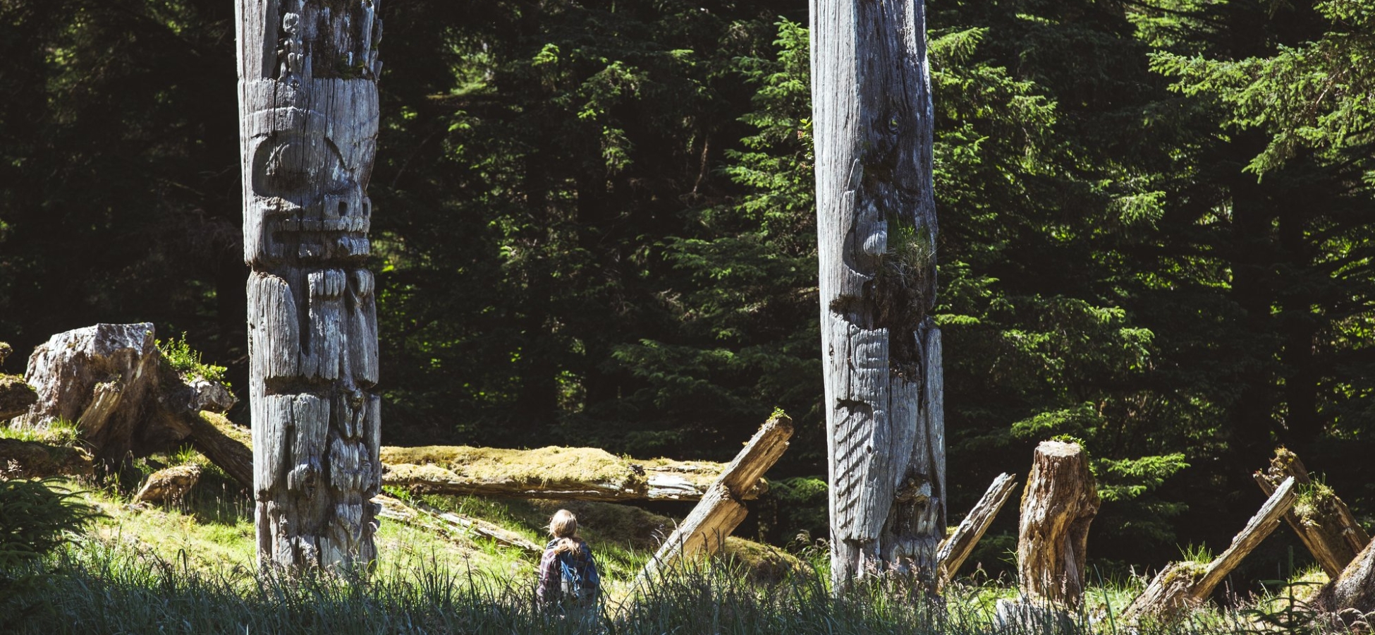 Totems in SGang Gwaay Llanagaay, Gwaii Haanas National Park Reserve and Haida Heritage Site, Haida Gwaii