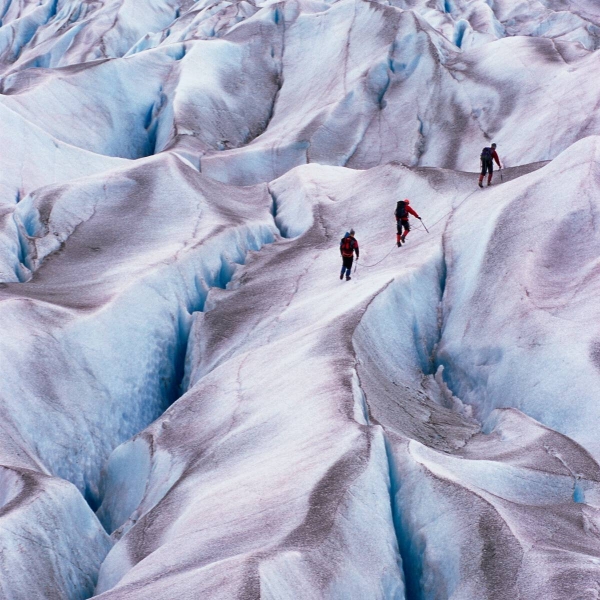 A group of hikers trekking along a large glacier in Atlin Provoncial Park.