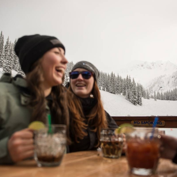 Apres skiing drinks on an outdoor patio at Whitewater Ski Resort.