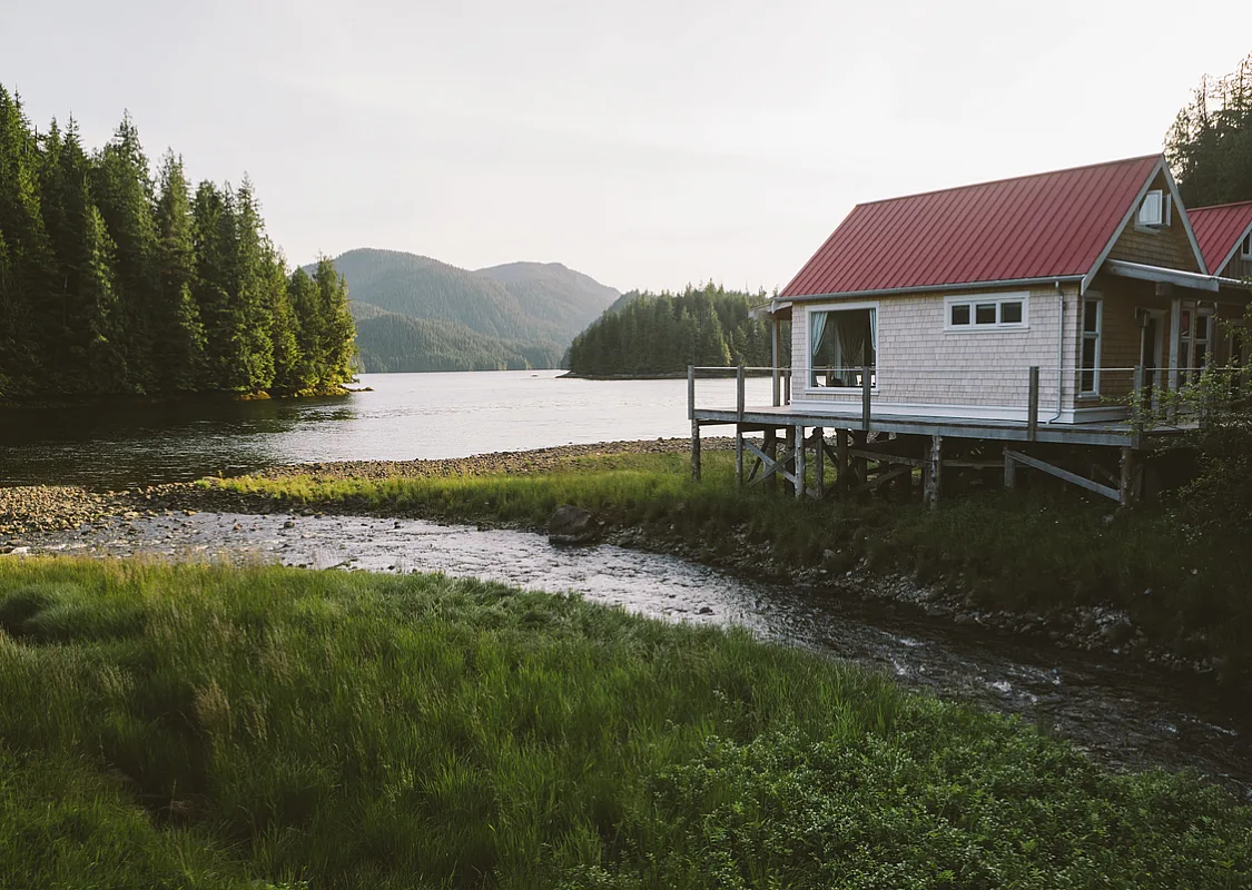 Two white cabins on stilts with red roofs overlook the water and surrounding green trees at the Nimmo Bay Wilderness Resort