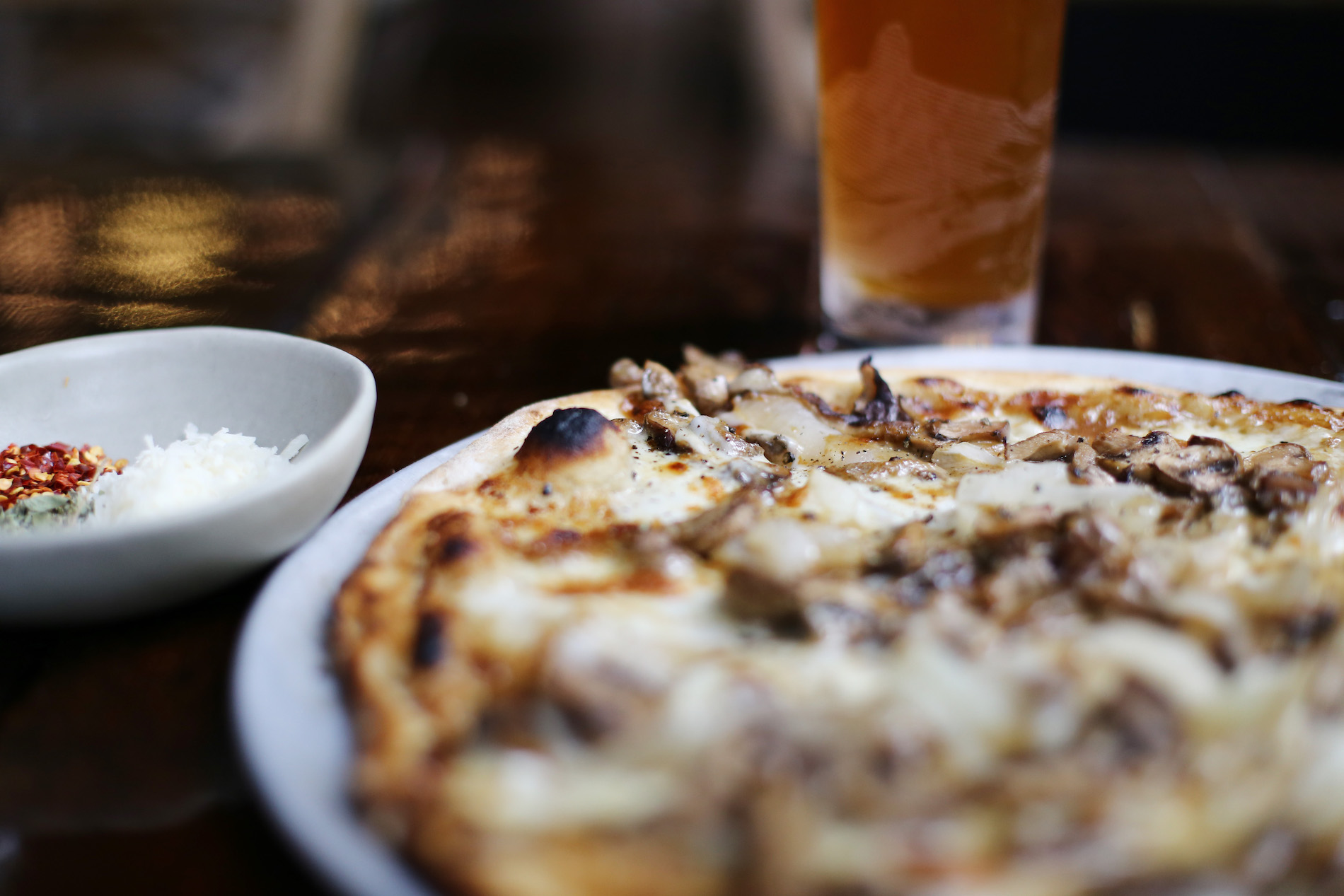 Close up view of a pizza on a table