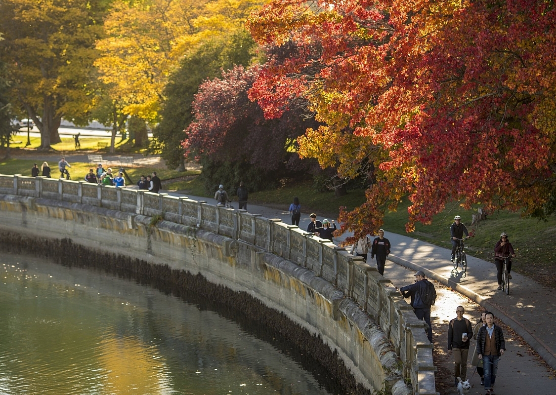 Leute spazieren im Herbst entlang der Stanley Park Seawall in Vancouver