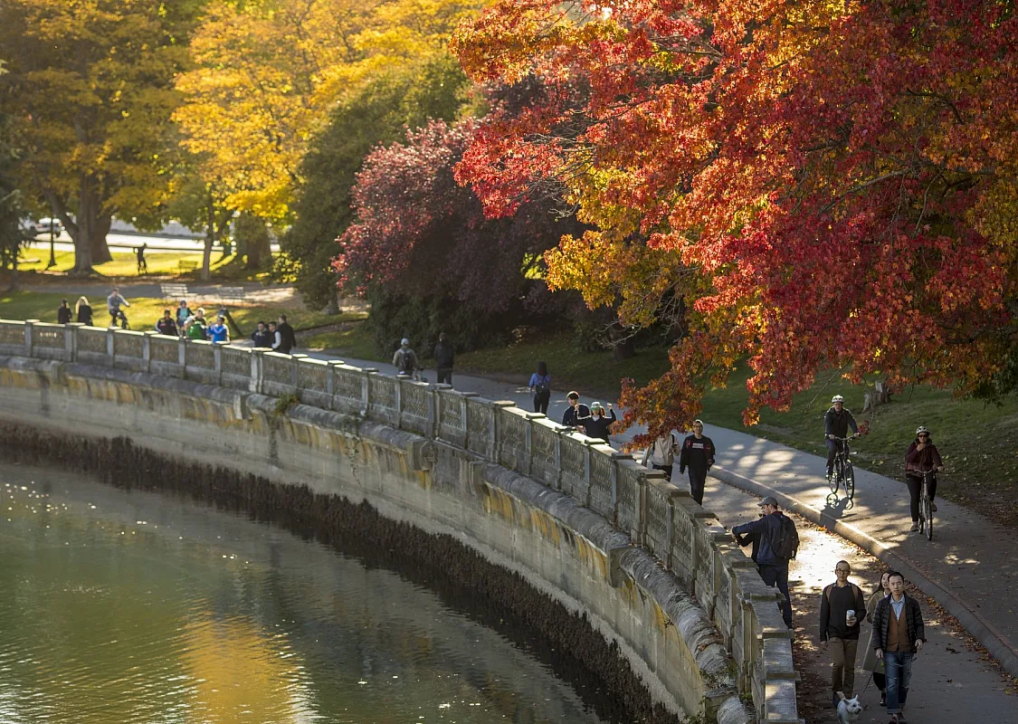 Leute spazieren im Herbst entlang der Stanley Park Seawall in Vancouver
