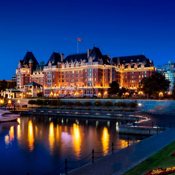 The Fairmont Empress Hotel lit up at night