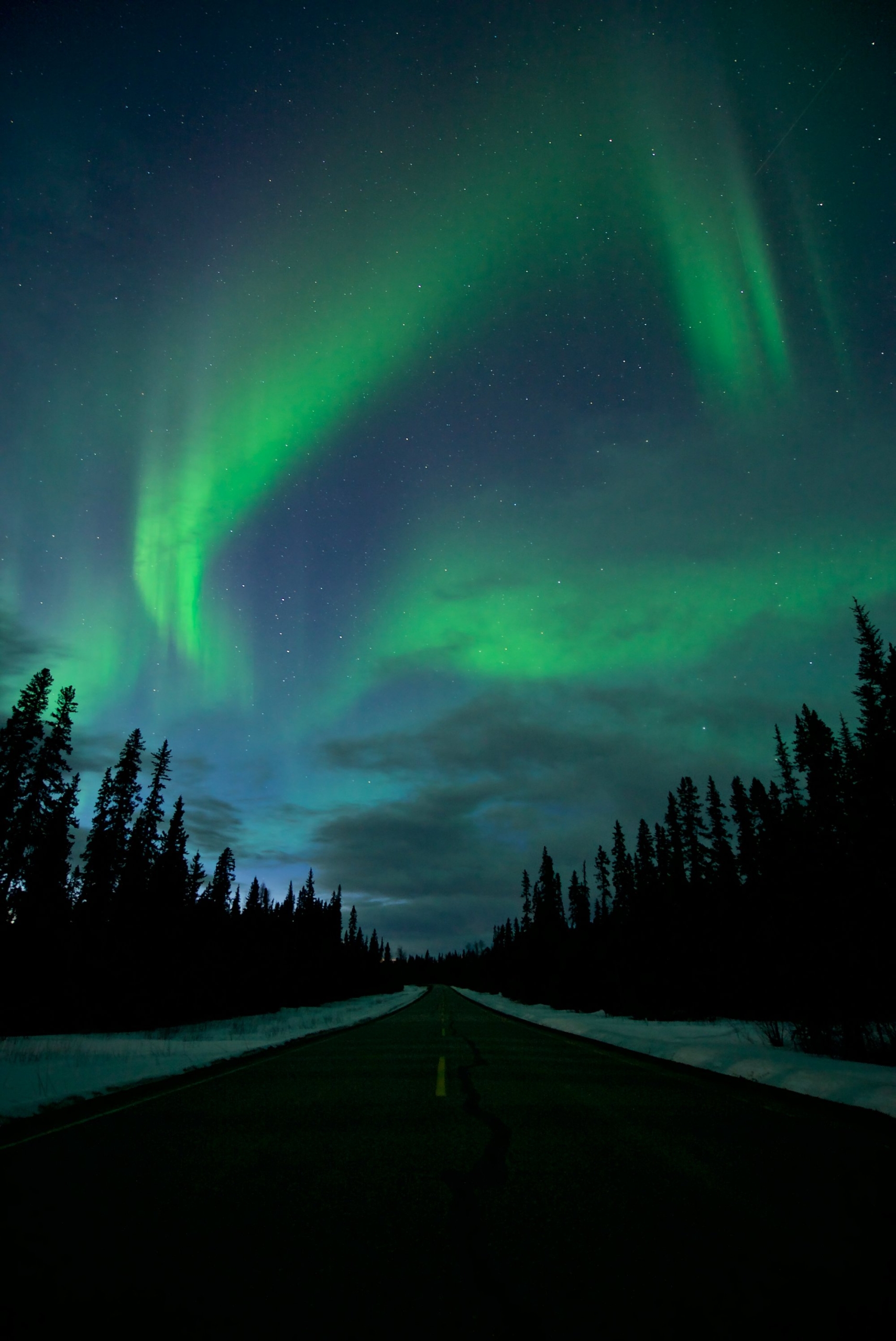 The Northern Lights over highway 77 north of Fort Nelson
