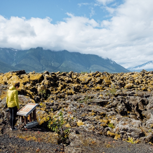 A person reads an interpretive sign that stands in front of a pile of black lava rocks that are covered in yellow lichen.
